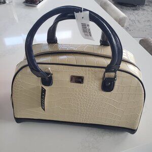Cutler New Cream & Navy Croc Embossed Bowling Bag Duffle Style Satchel Bag